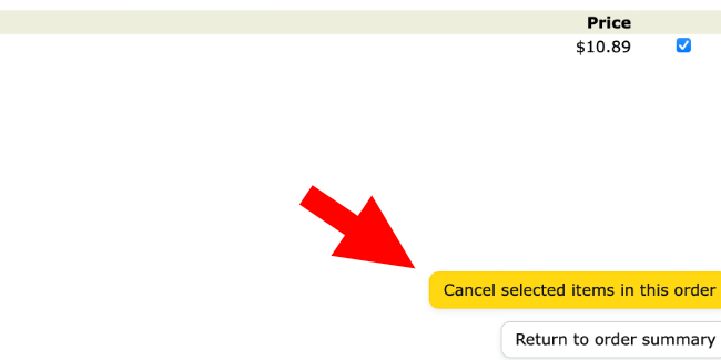 Подтверждение отмены выбранных товаров в заказе Amazon