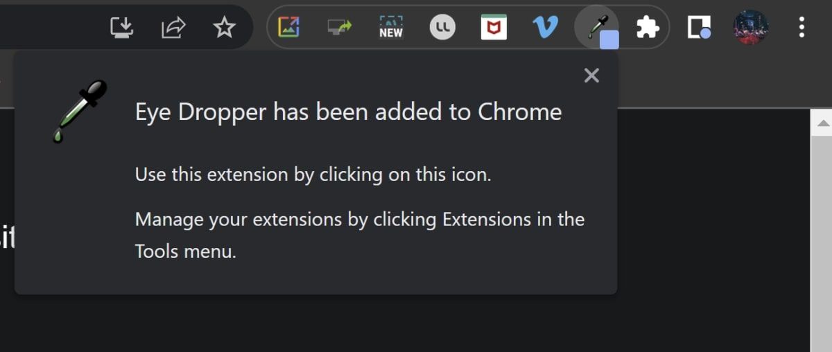 Уведомление об успешной установке Eye Dropper в Chrome