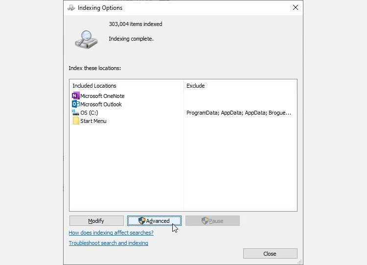 microsoft outlook indexing options menu