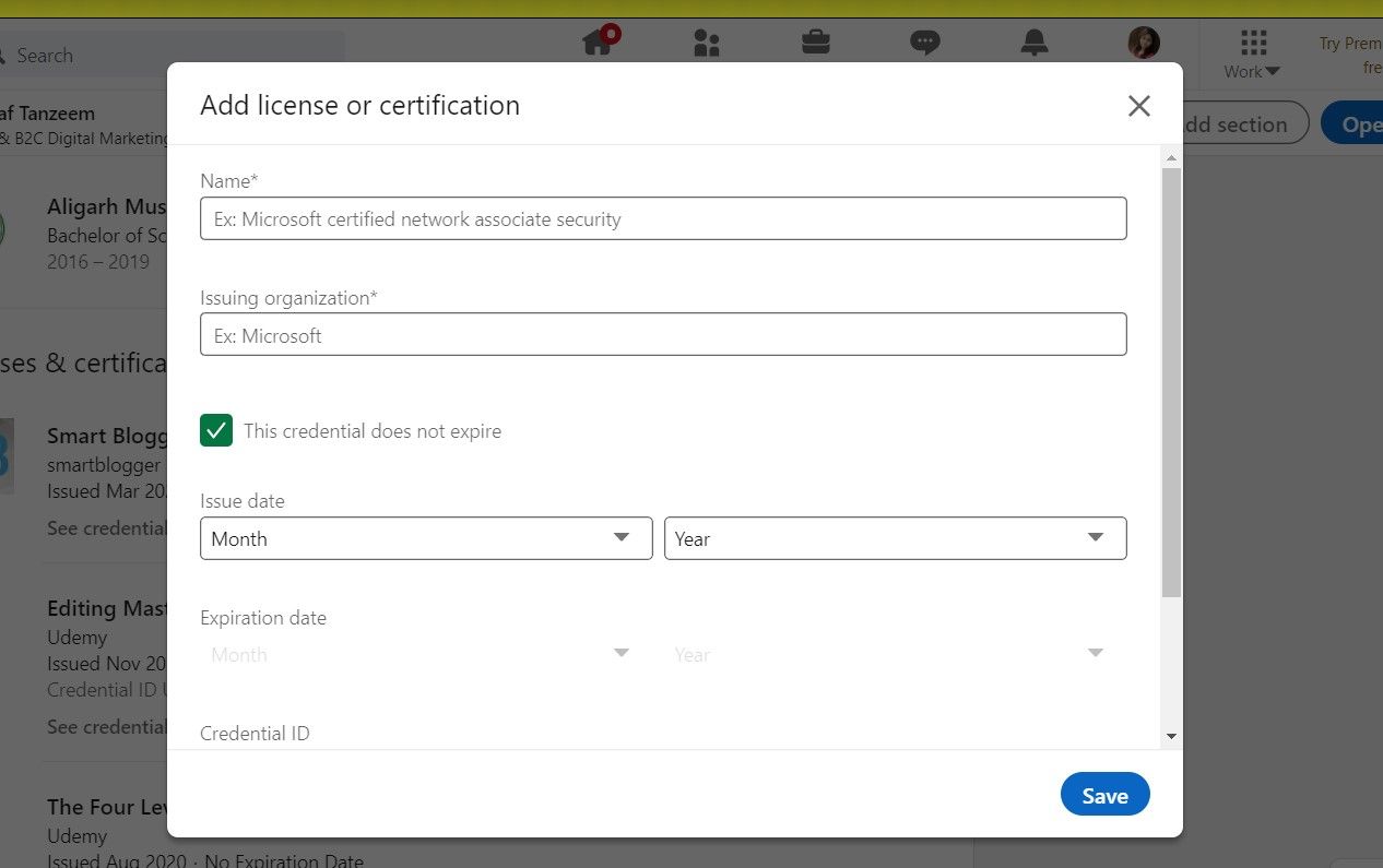 Раздел 'Сертификаты и лицензии' в LinkedIn