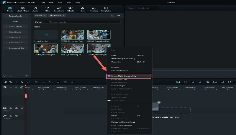 создание multicamera clip в Filmora