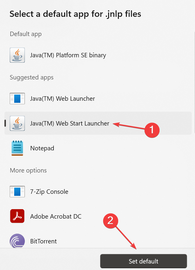 Изображение: выбор Java Web Start Launcher как приложения по умолчанию