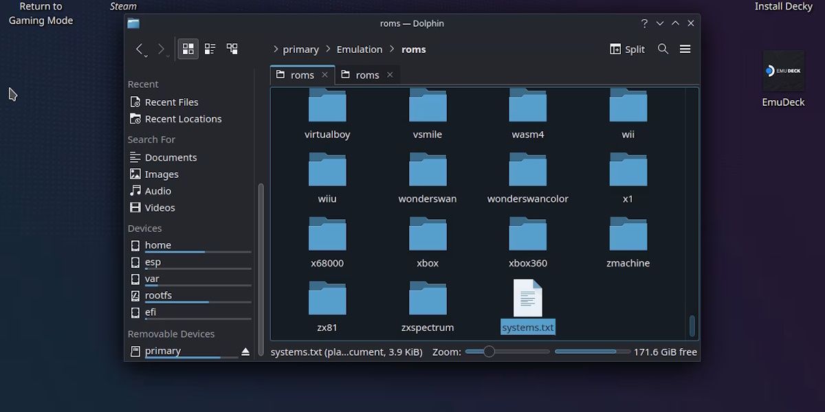 Скриншот папки EmuDeck с файлом systems.txt