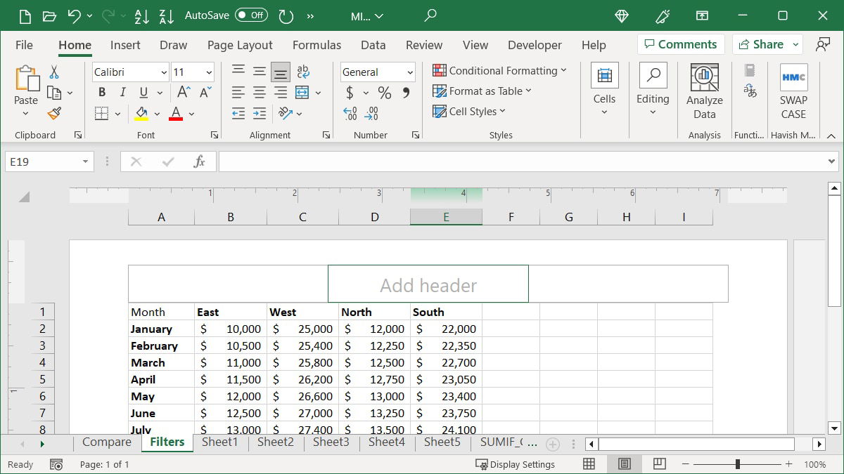 Header area in Excel