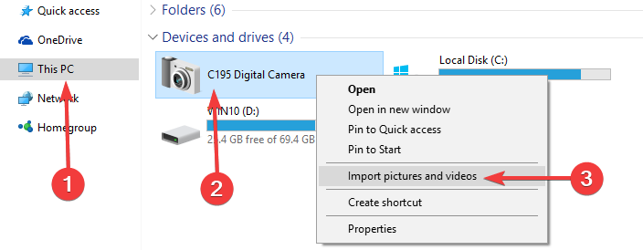 Контекстное меню импорта изображений и видео в Проводнике