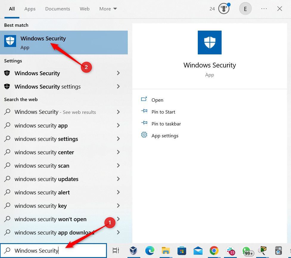 Безопасность Windows в меню «Пуск»