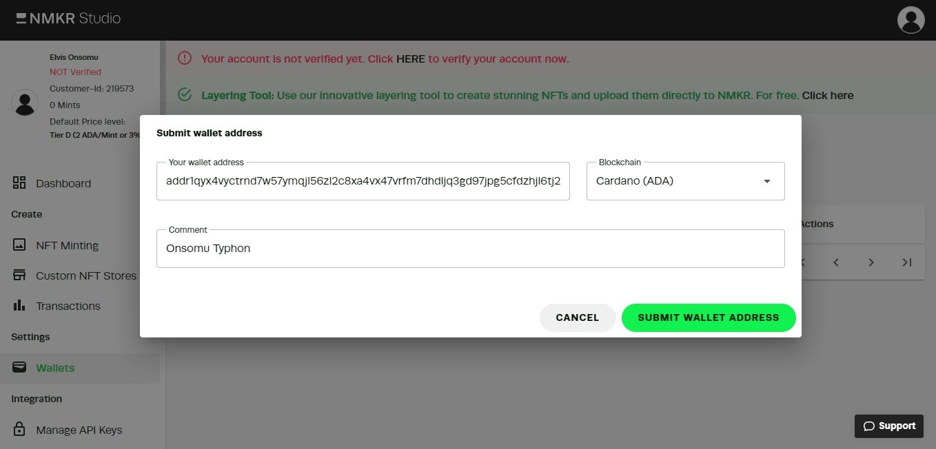 Скриншот NMKR: подтверждение адреса кошелька