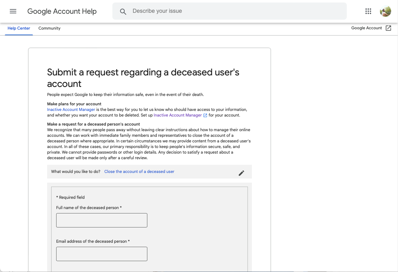 Запрос на закрытие аккаунта Google