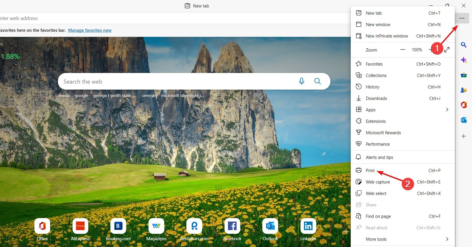 Открыть меню печати в Edge