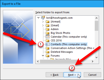 Выбор папки Контакты для экспорта из Outlook