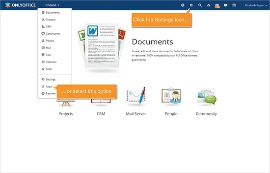 Настройки портала ONLYOFFICE — иконка настроек в верхней панели