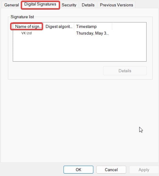 Вкладка цифровых подписей в свойствах DLL