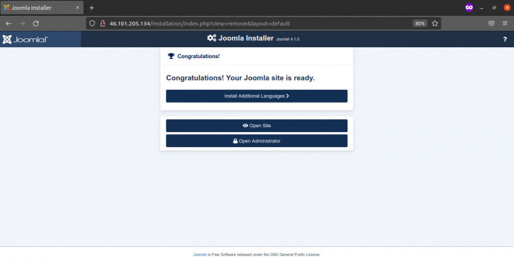 Сообщение о готовности сайта после установки Joomla
