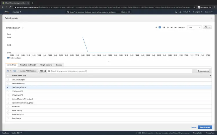 Выбор метрики FreeStorageSpace для экземпляра RDS