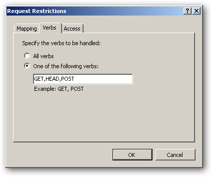 Диалог Ограничений запроса (Request Restrictions) — вкладка Verbs