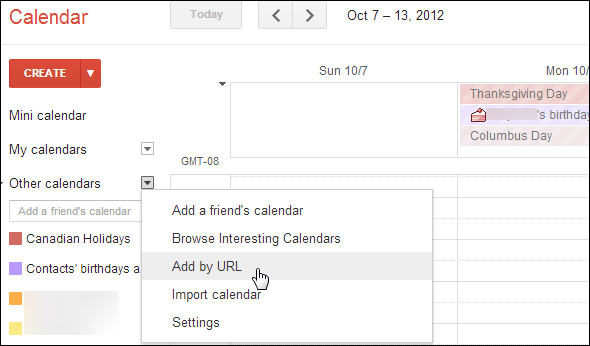 Скриншот: меню «Другие календари» в Google Calendar с опцией «Добавить по URL»