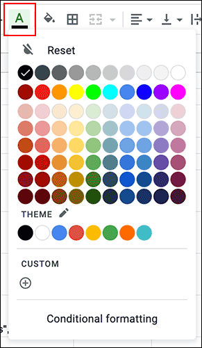 Меню выбора цвета текста в панели форматирования Google Таблиц