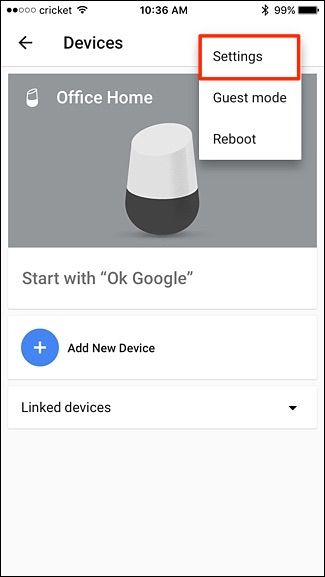 Экран настроек приложения Google Home