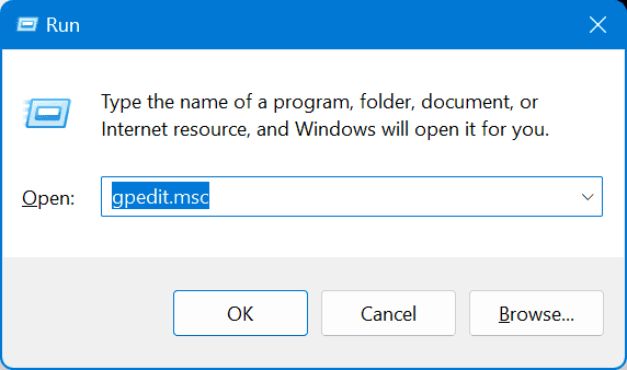 Окно Run с вводом gpedit.msc