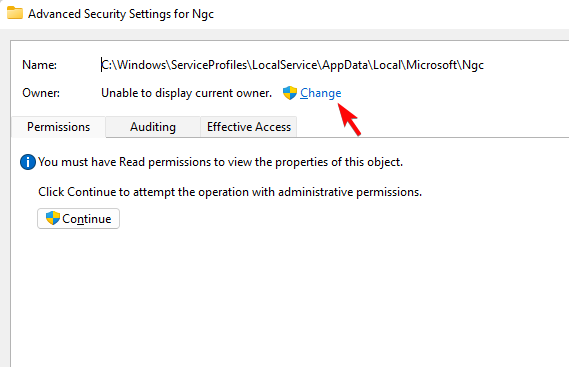 Раздел смены владельца в расширенных параметрах безопасности
