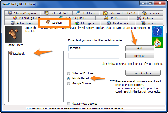 Интерфейс удаления cookie по фильтру текста в WinPatrol