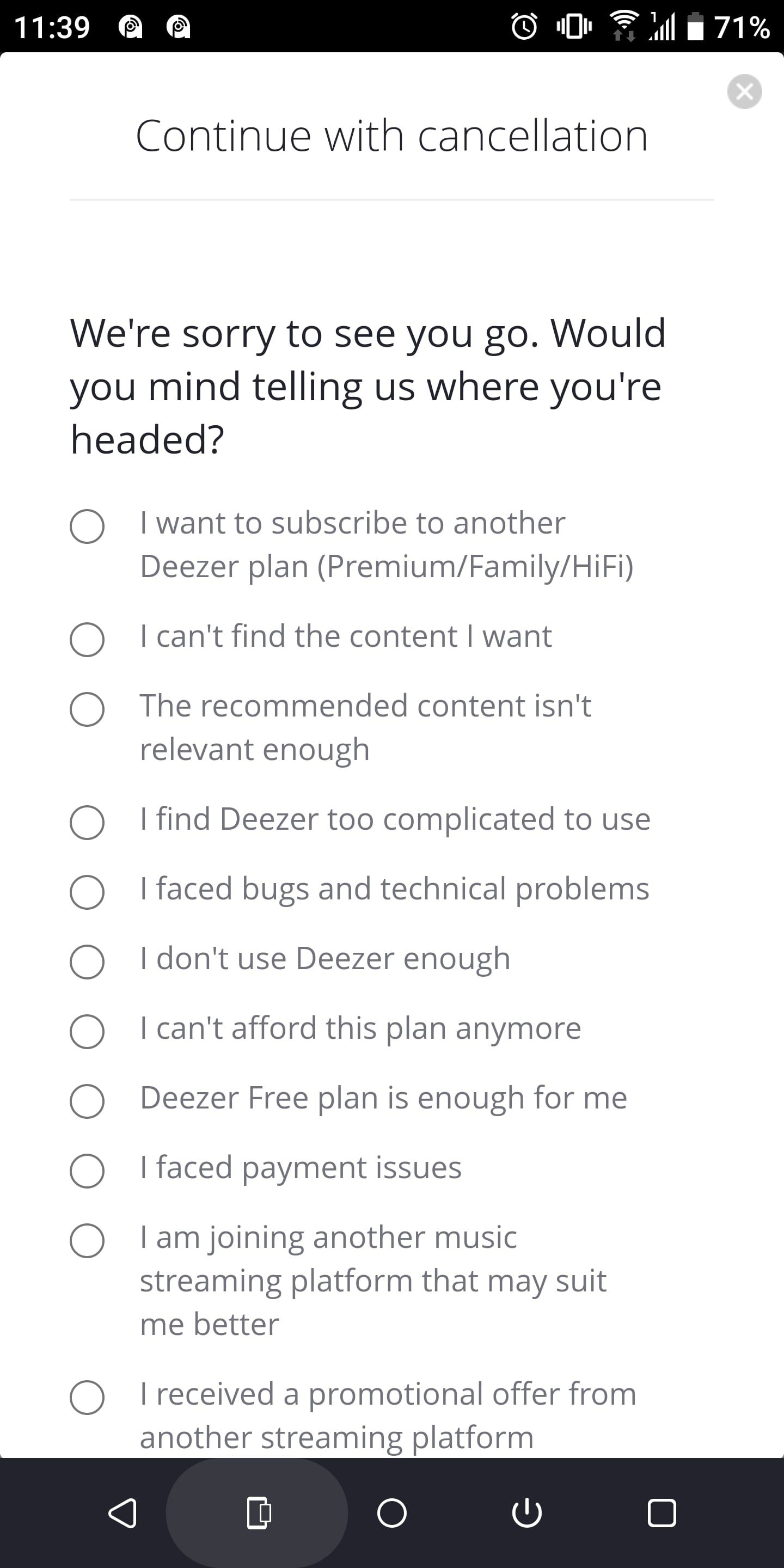 Cancel Deezer on the app