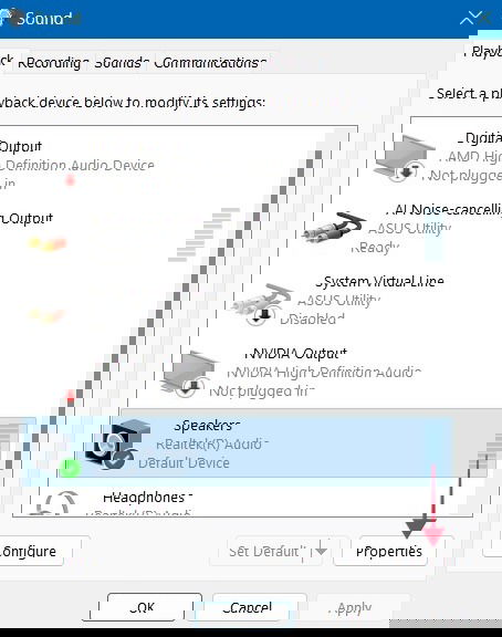 Кнопка «Свойства» для устройства «Динамики»