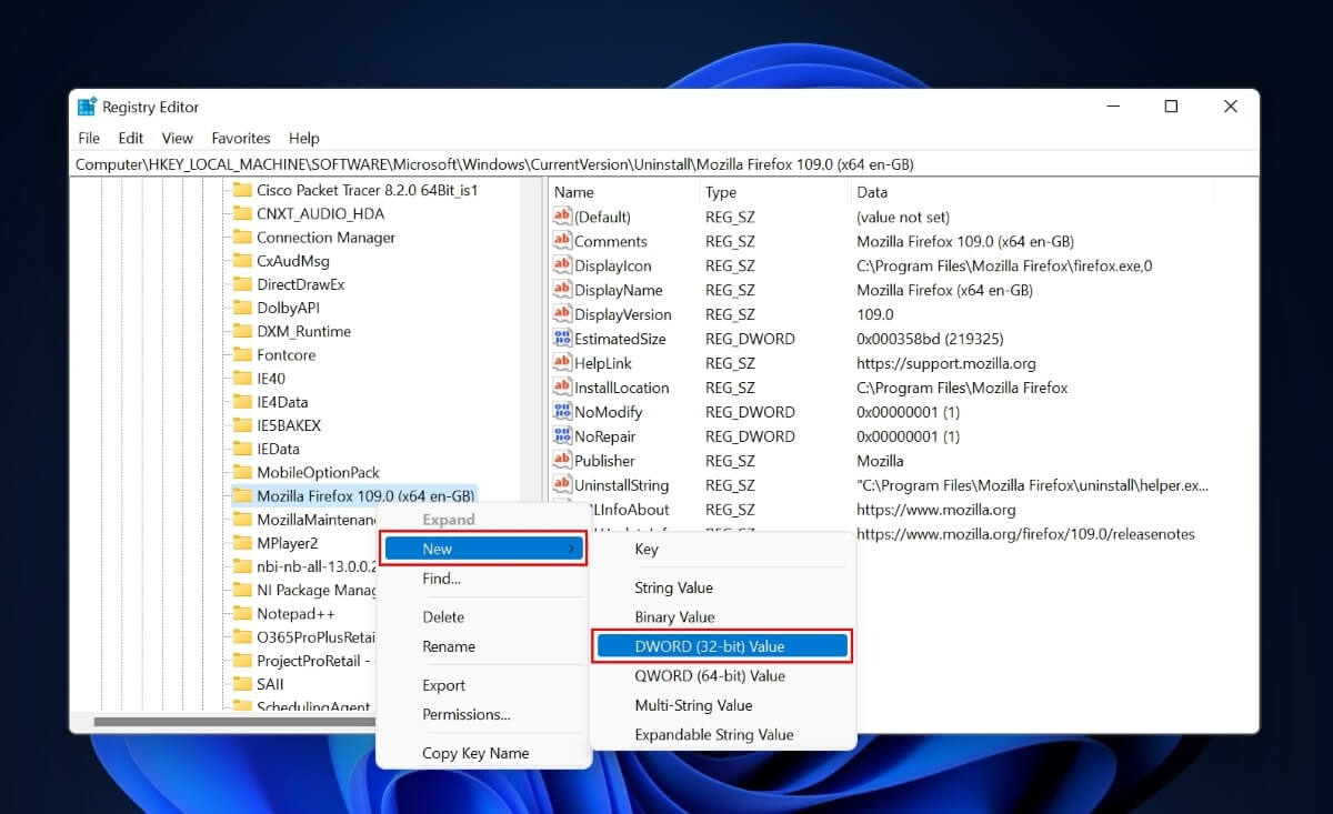 Создание нового параметра DWORD в редакторе реестра