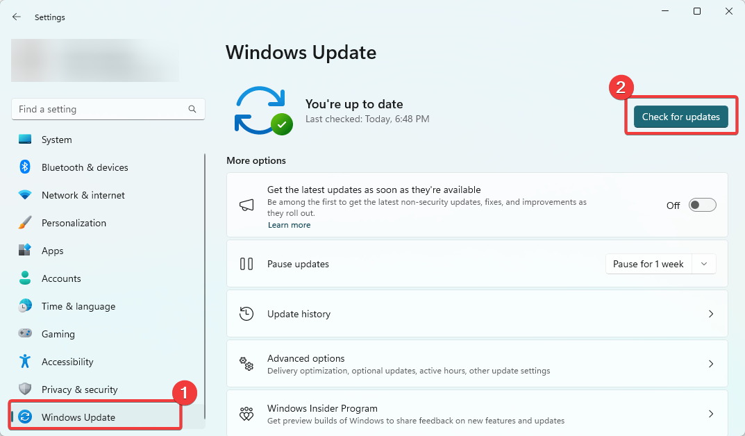 Окно 'Windows Update' в Параметрах Windows