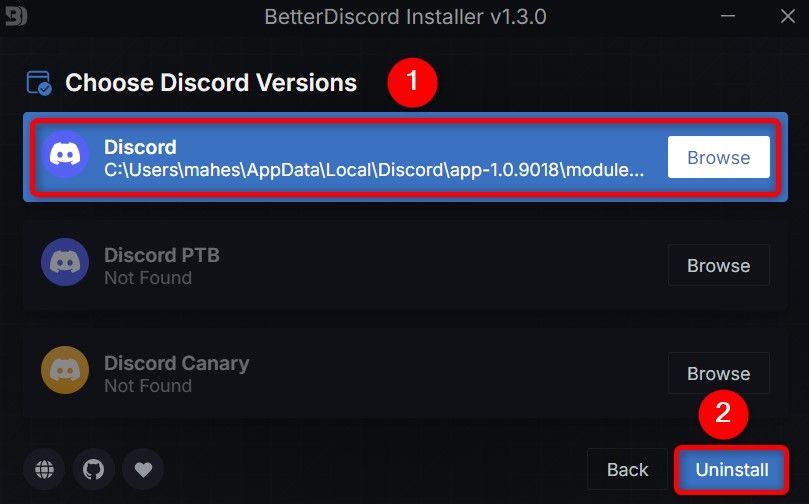 Выделен текущий клиент Discord и кнопка Uninstall в установщике BetterDiscord.