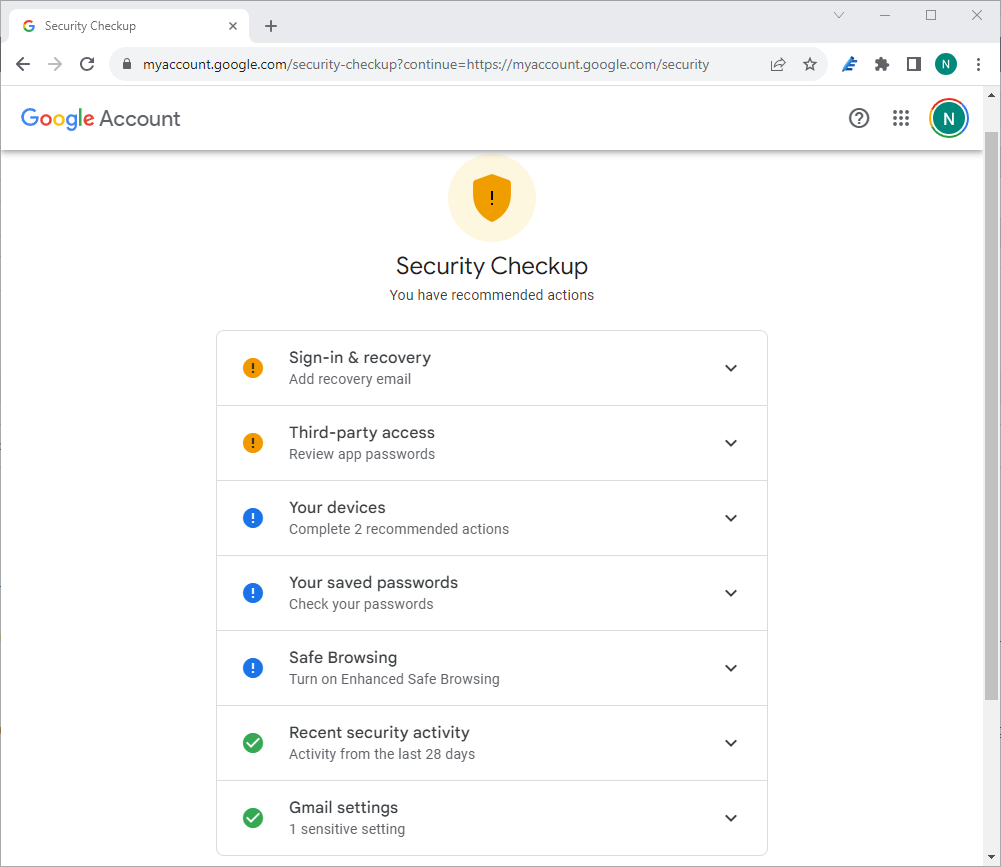 Опции Security Checkup. 