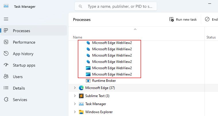 Процесс Microsoft Edge WebView2 в Диспетчере задач, показывающий использование ресурсов