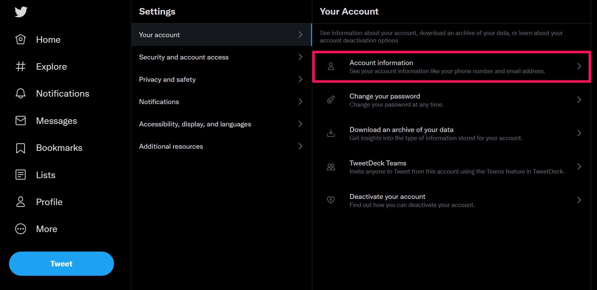 Раздел «Информация об аккаунте» в настройках Twitter