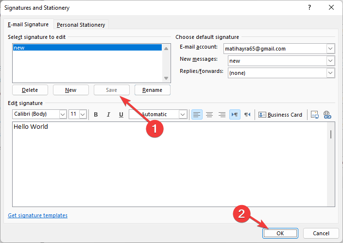Кнопки «Сохранить» и «ОК» после редактирования подписи