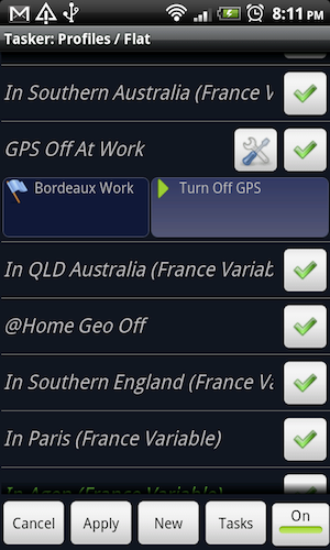 Пример экрана Tasker с настройкой задачи выключения GPS