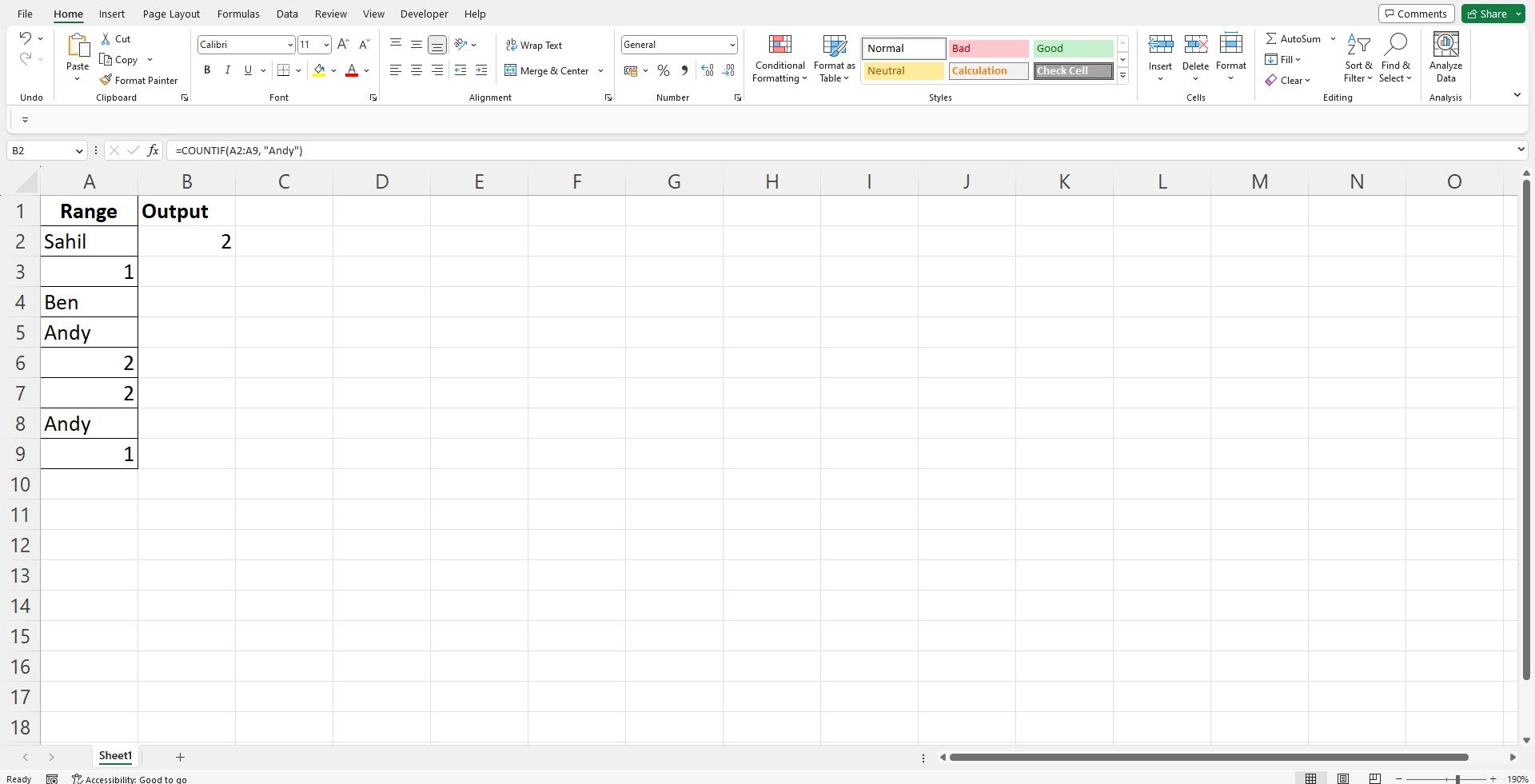 Диапазон данных в Excel с формулой COUNTIF