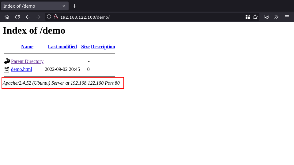 Страница индекса Apache с подписью сервера, показывающей версию