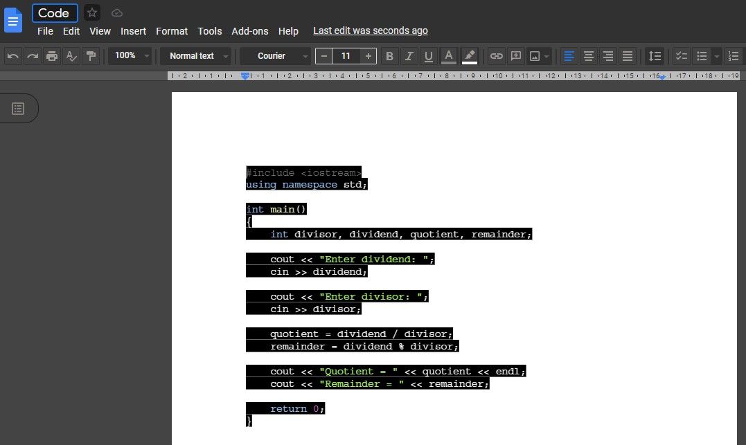 HTML-файл с выполненным кодом, открытый в Google Docs