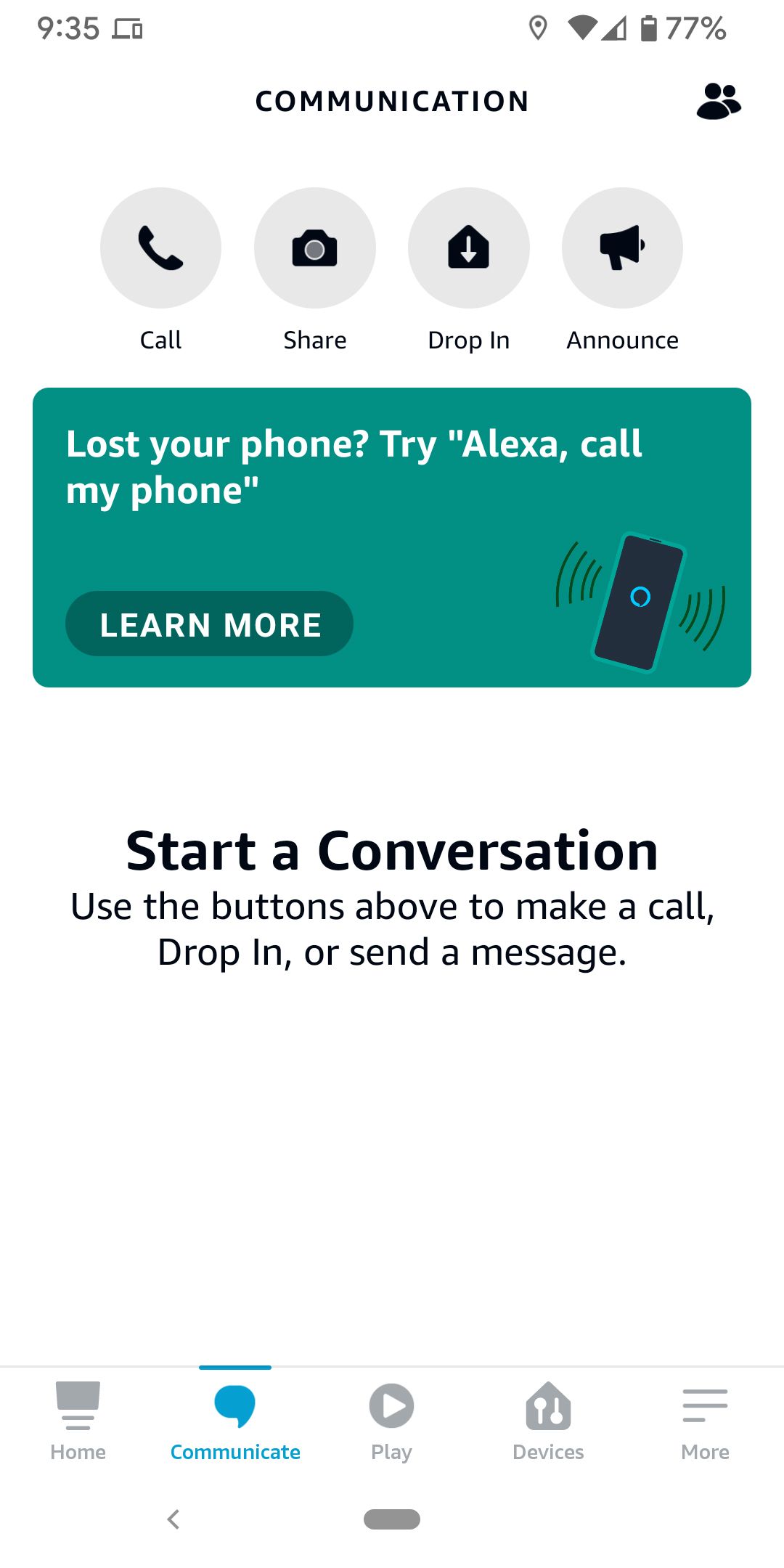 Alexa app Communication screen