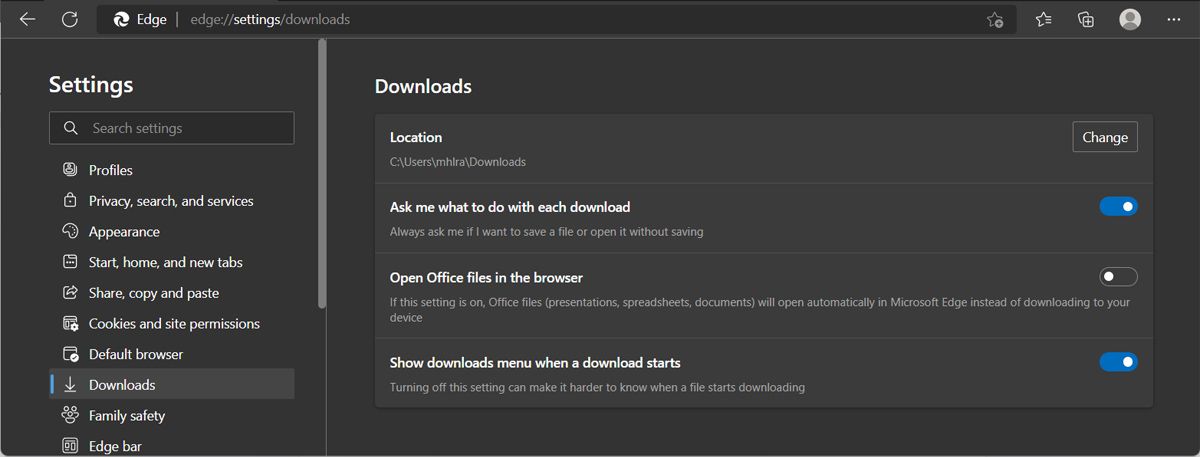 Настройки загрузок в Edge