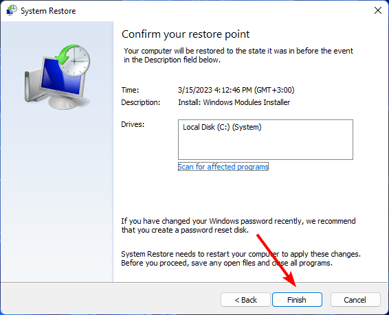 Процесс восстановления системы в Windows