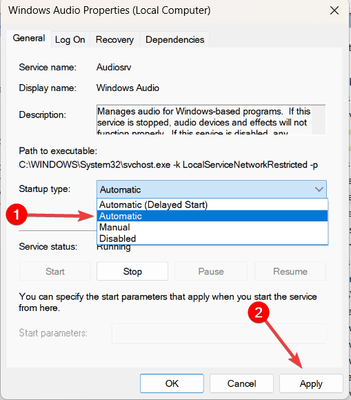 Установка типа запуска Автоматически и применение