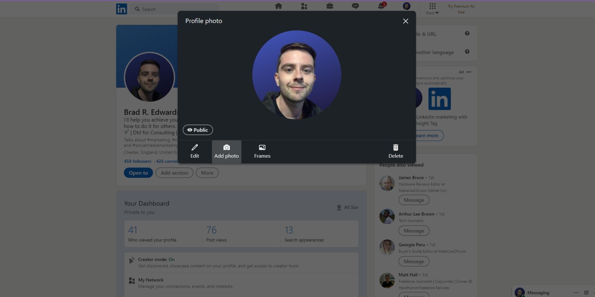 Окно редактирования фотографии профиля в веб‑приложении LinkedIn.