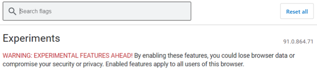 Предупреждение на странице экспериментов Edge