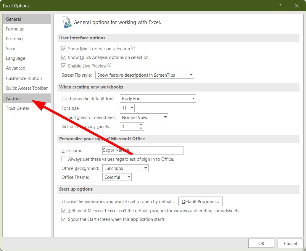 Окно «Параметры» с пунктом «Надстройки»