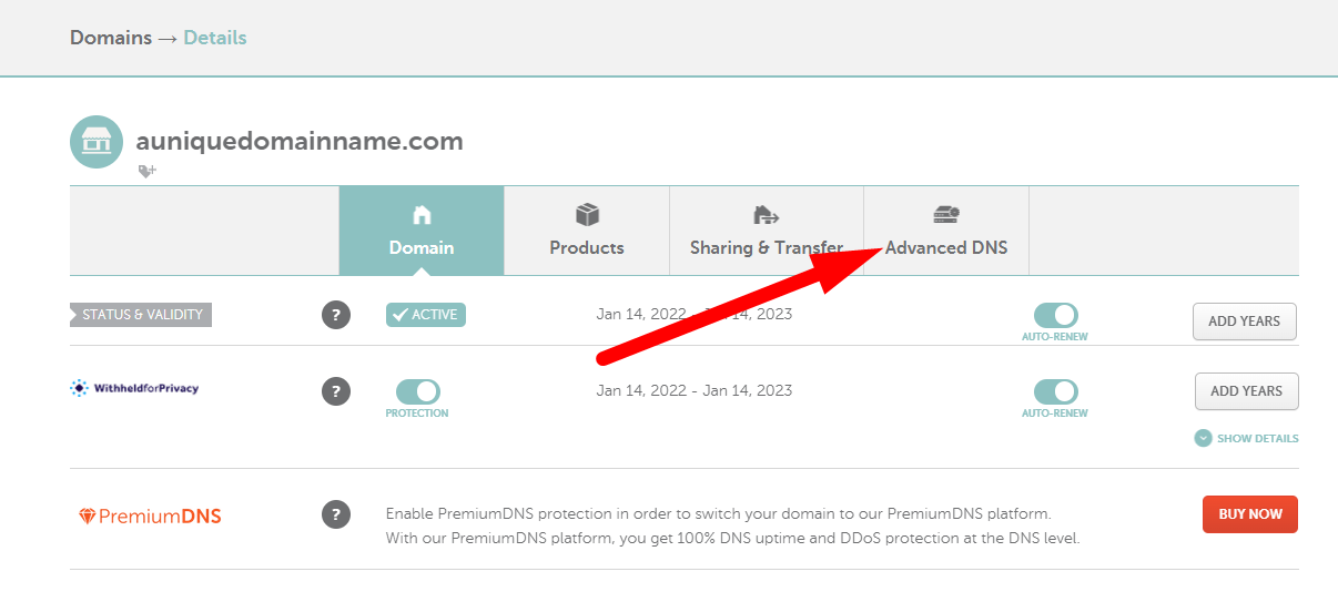 Интерфейс Advanced DNS в панели управления регистратора