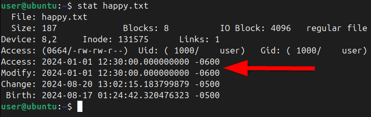 Отображение atime и mtime после изменения с опцией -t