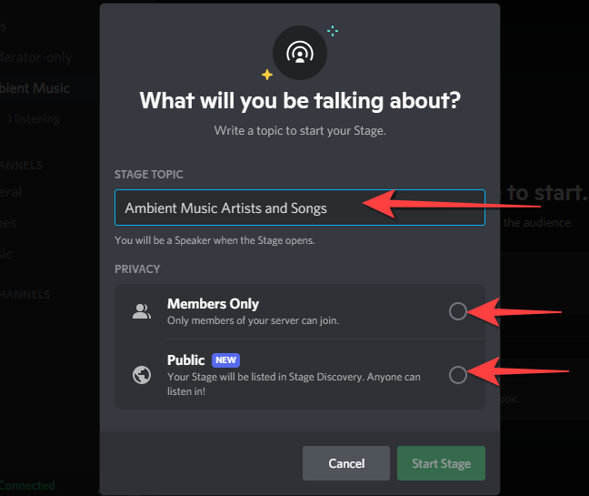 Введите тему и выберите приватность: Members Only или Public.