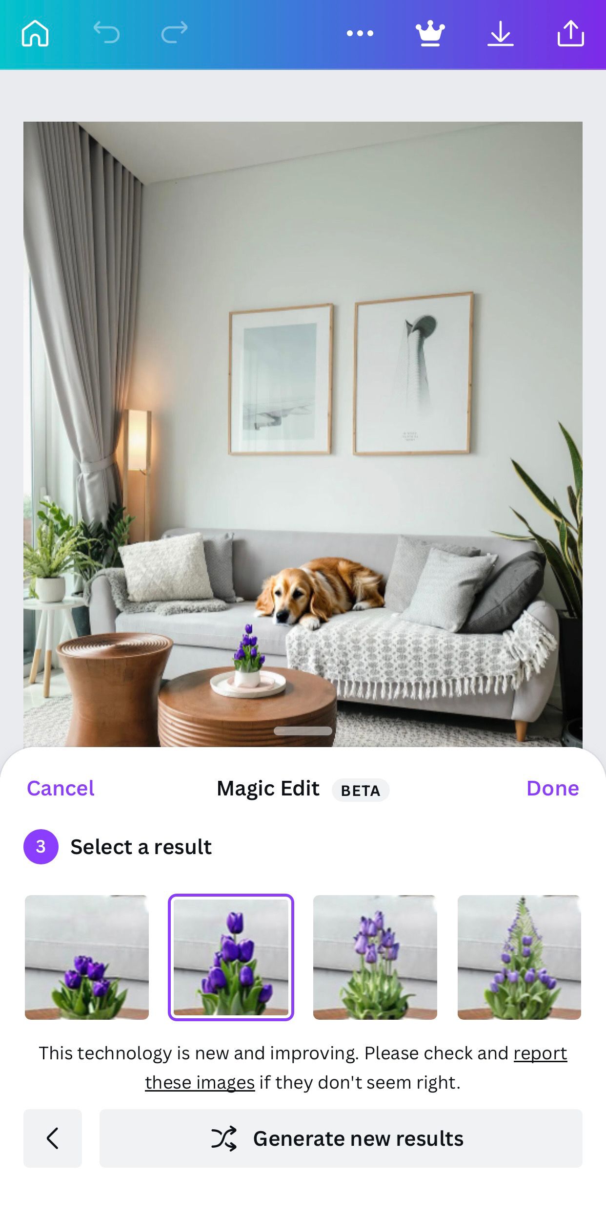 Результаты генерации: пурпурные тюльпаны на кофейном столике