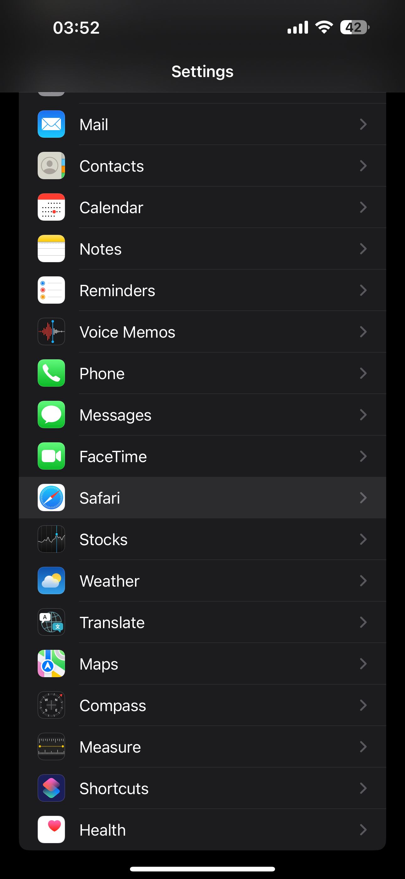 Переход в настройки Safari на iOS